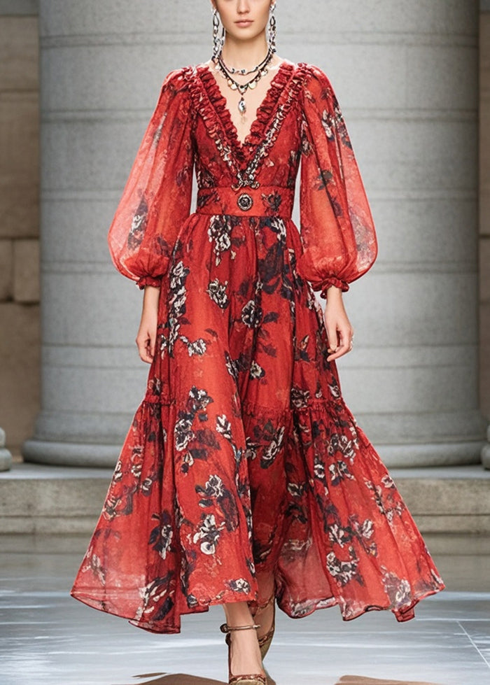 Red Ruffled Print Chiffon Cinched Dress Fall