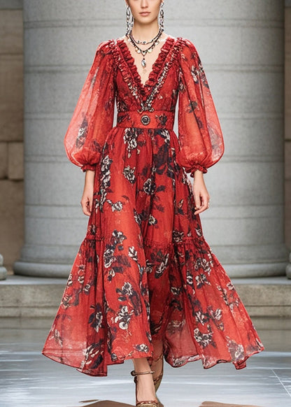 Red Ruffled Print Chiffon Cinched Dress Fall