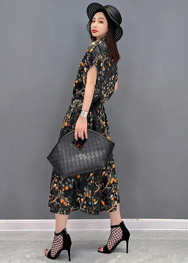 Black V Neck Print Silk Long Dress and Tulle Long Cardigan Two Pieces Set Summer