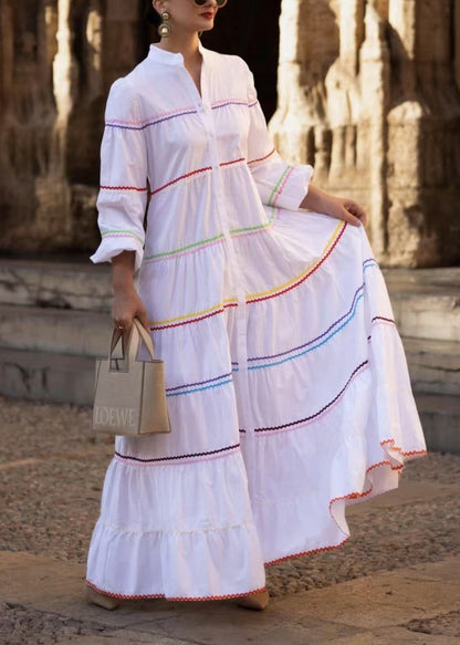 French White V Neck Striped Patchwork Cotton Long Dress Summer