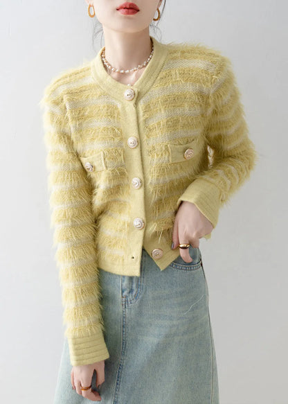 Italian Yellow O Neck Button Mink Hair Knitted Cardigans Spring