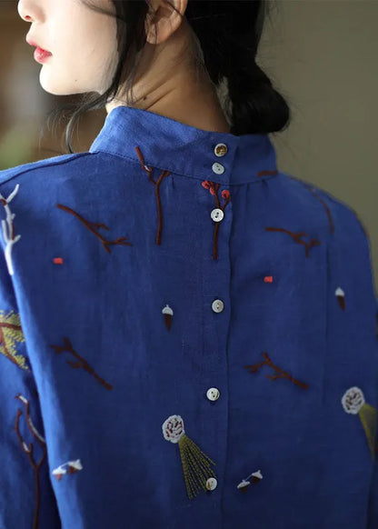 Stylish Blue Embroidered Retro Linen Blouse Tops Spring