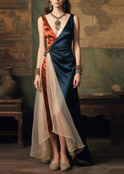 Boutique Colorblock Asymmetrical Patchwork Tulle Cami Dress Summer
