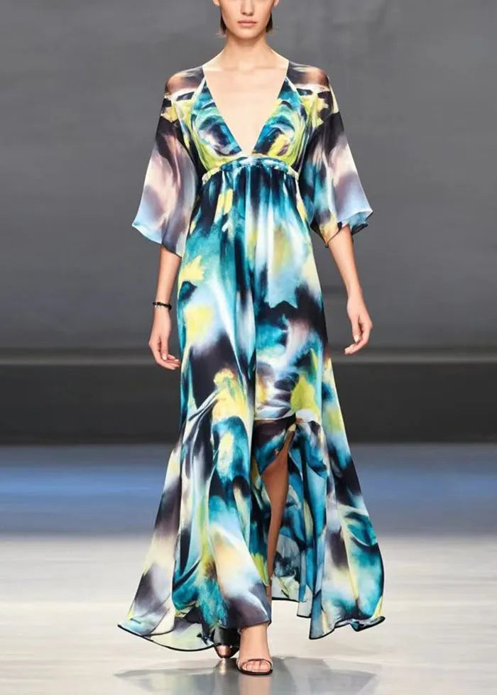 V Neck Tie Dye Side Open Chiffon Party Dresses Summer