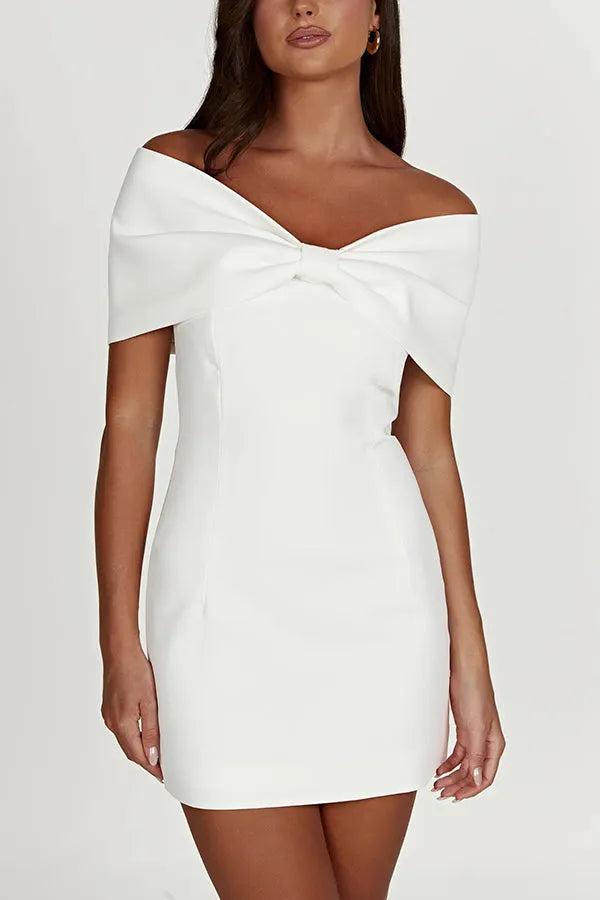 Love Is a Gift Off Shoulder Bow Mini Dress