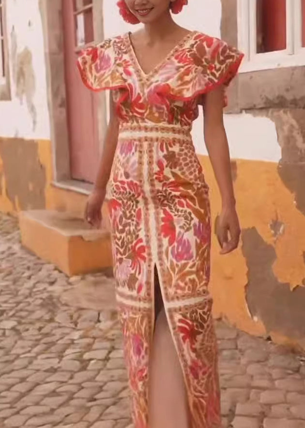 Orange V Neck Print Cotton Long Dresses Butterfly Sleeve