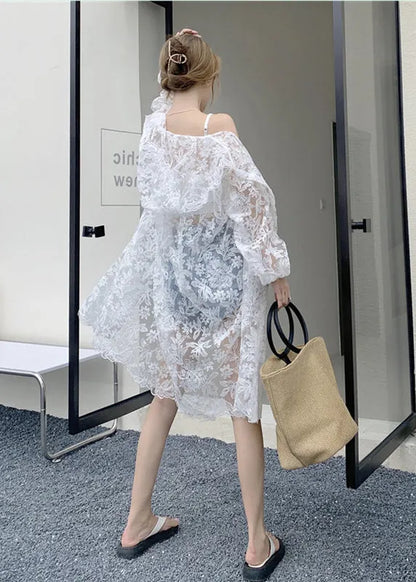 White Embroideried Hooded Tulle Cardigans Summer