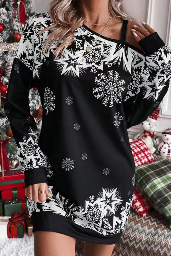 Christmas Snowflake Cold-Shoulder Loose Sweatshirt Mini Dress