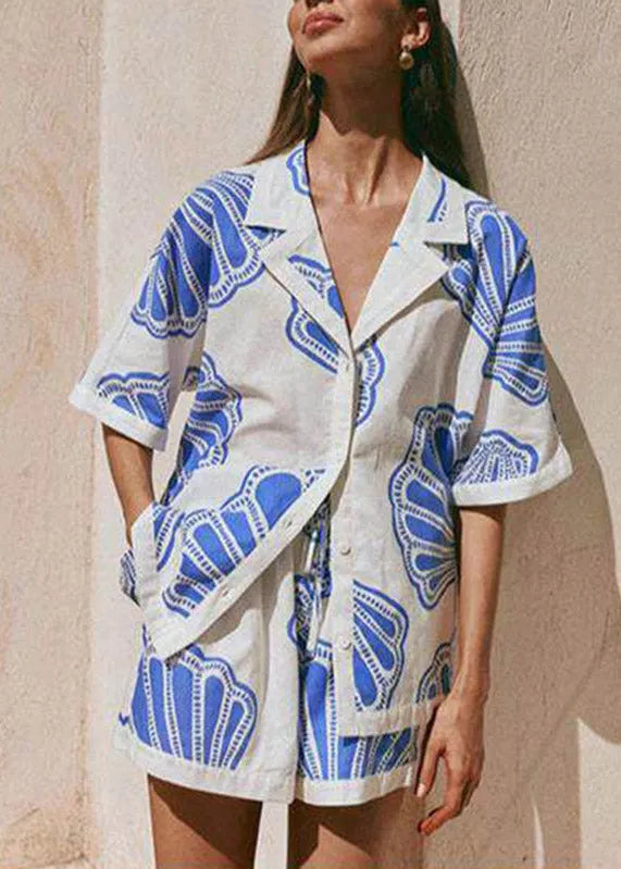 Blue Notched Print Shirts and Shorts Pajama Set