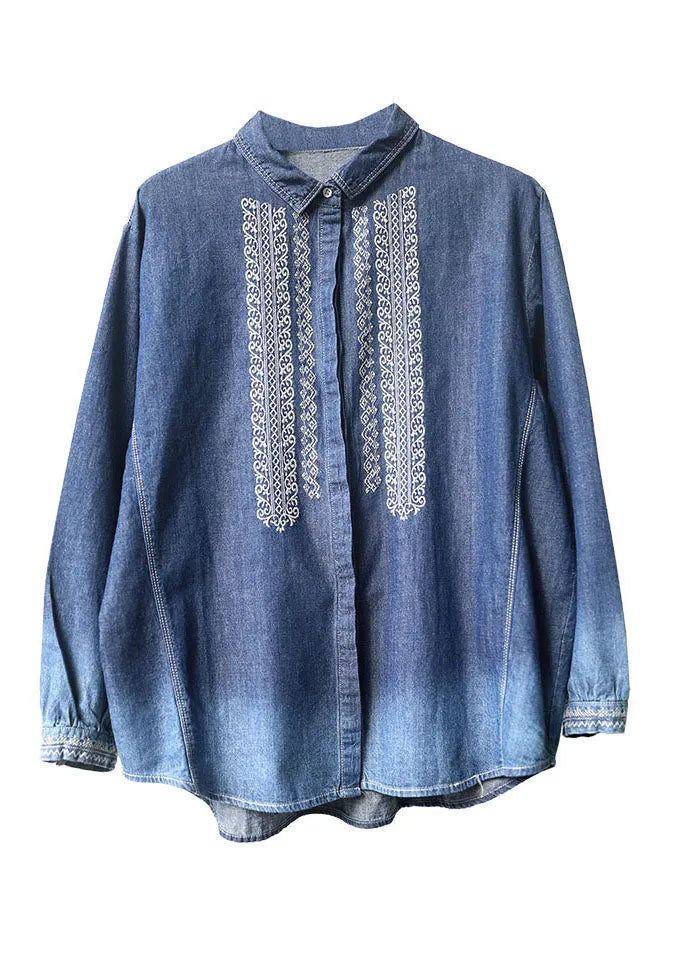 Blue Peter Pan Collar Embroidered Cotton Denim Shirt Top Long Sleeve