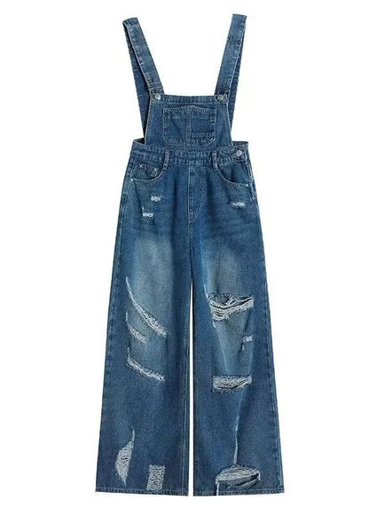 New Blue Ripped Denim Wide Leg Overalls Jumpsuit Fall