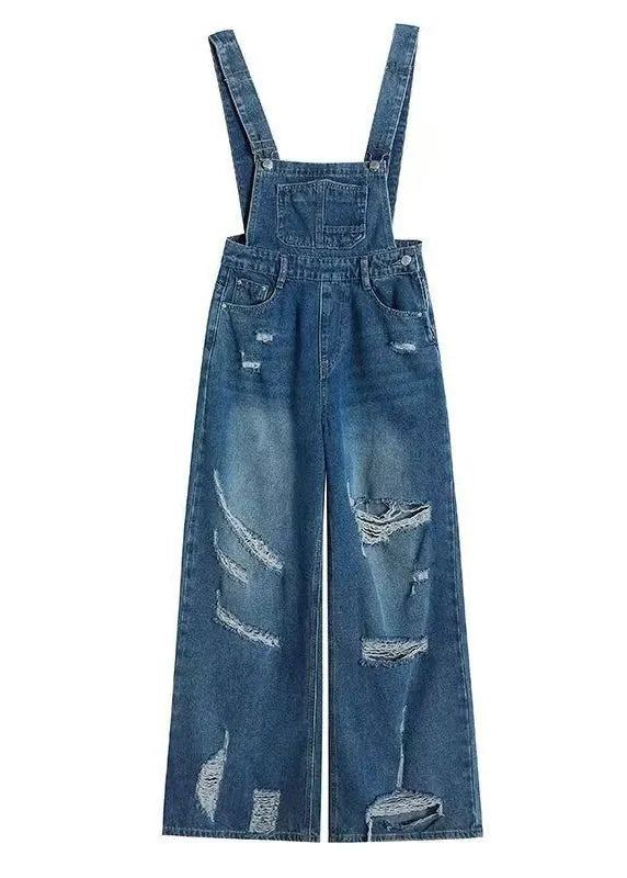 New Blue Ripped Denim Wide Leg Overalls Jumpsuit Fall