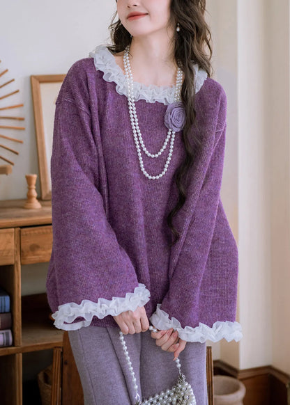 Loose Purple Ruffled Patchwork Knit Sweater Flare Sleeve