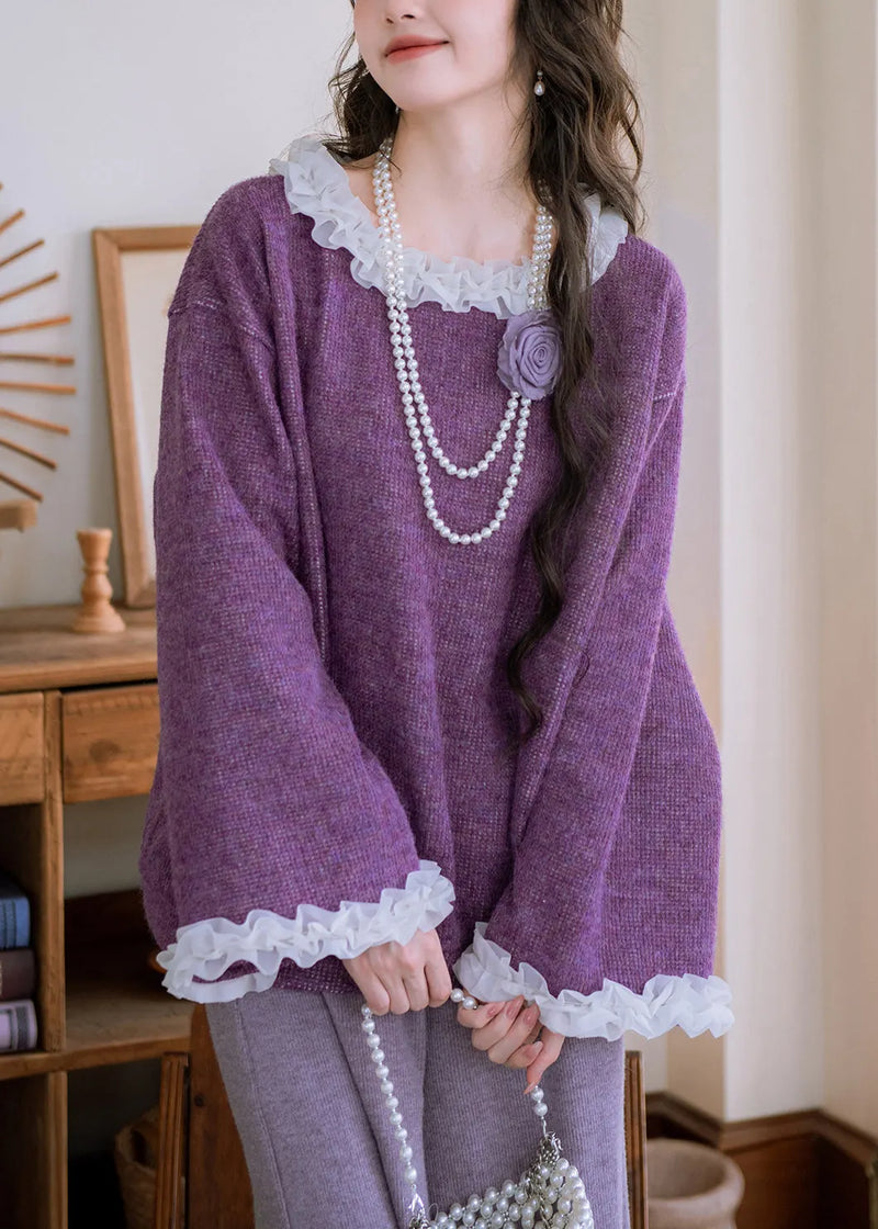 Loose Purple Ruffled Patchwork Knit Sweater Flare Sleeve