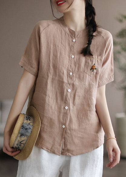 Khaki Loose Linen Shirt Top Embroidered Button Short Sleeve