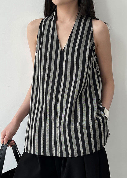 Black V Neck Striped Cotton Top Sleeveless
