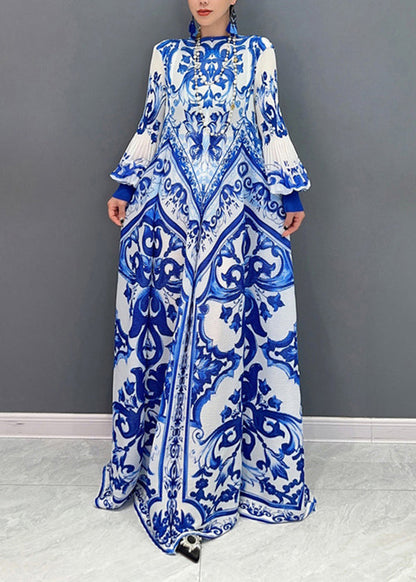 Summer New Blue and White Porcelain Print Chiffon Pleated Long Dress