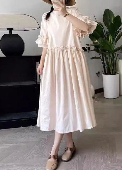 Art Pink O-neck Wrinkled Long Dresses Summer