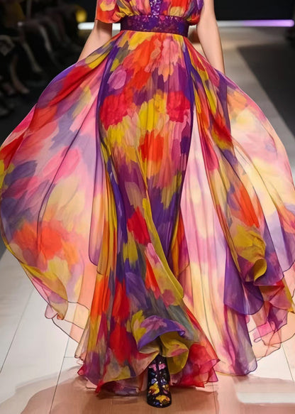 Italian Rainbow Cinched Print Chiffon Dress Summer