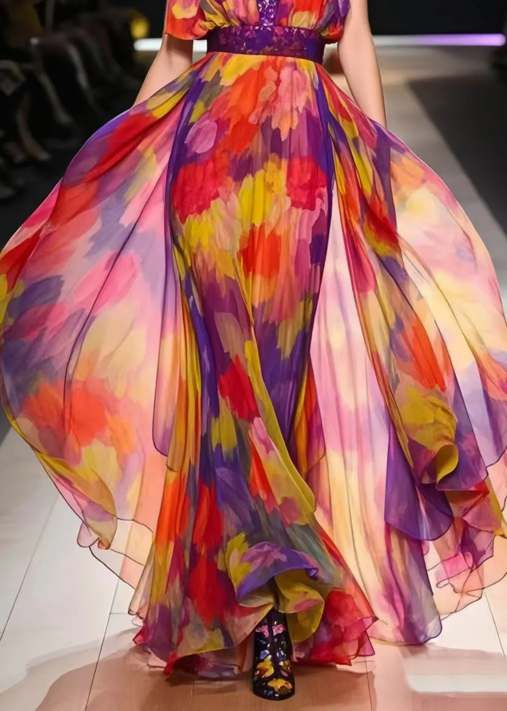 Italian Rainbow Cinched Print Chiffon Dress Summer