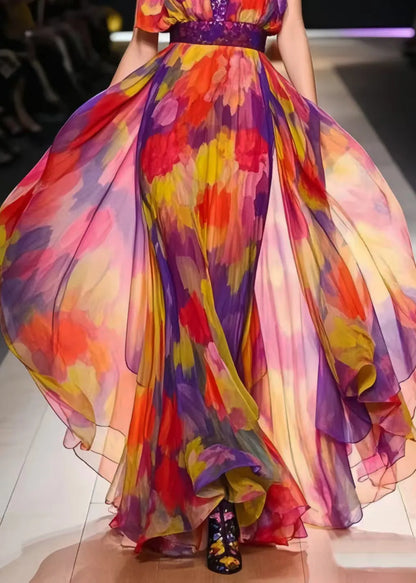 Italian Rainbow Cinched Print Chiffon Dress Summer