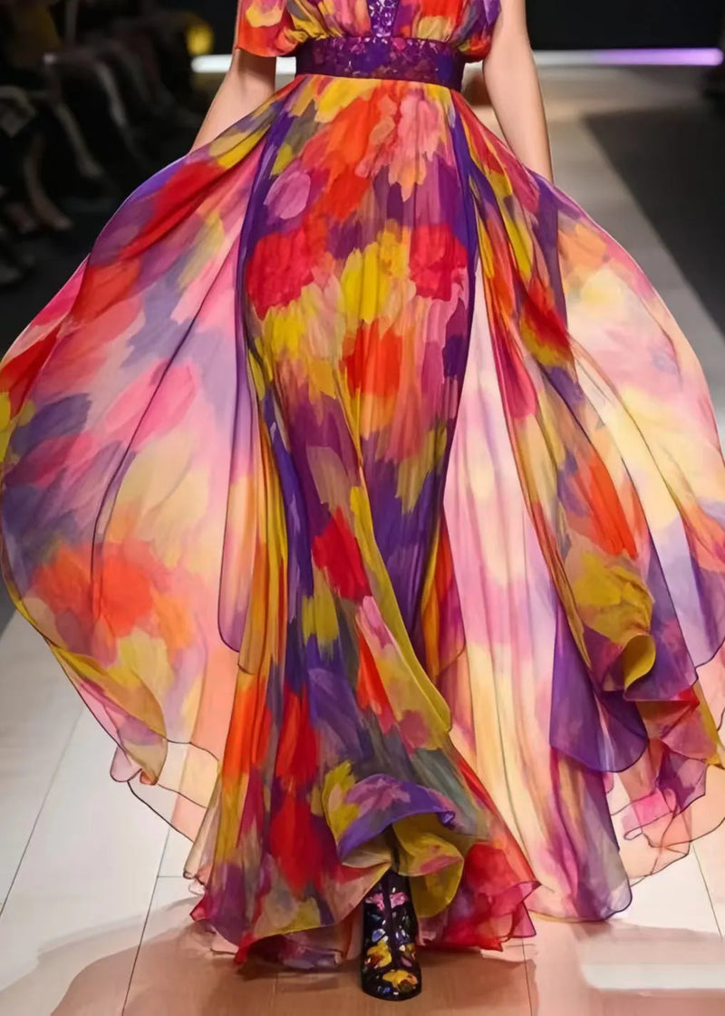 Italian Rainbow Cinched Print Chiffon Dress Summer