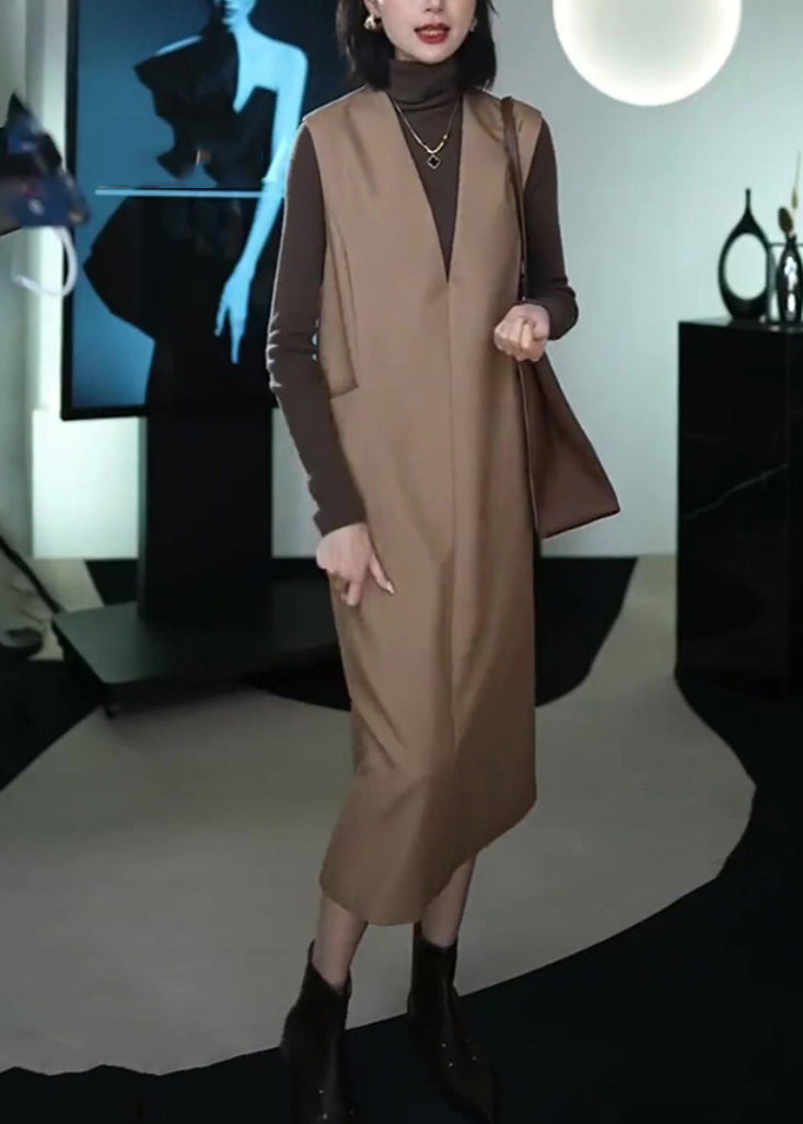 Italian Coffee Patchwork Warm Fleece Long Waistcoat and Dress Two Piece Set Winter
