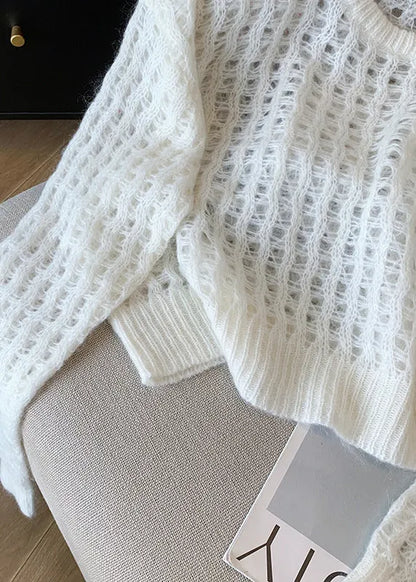 White O Neck Hollow Out Knit Pullover Fall
