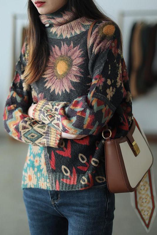 Color Contrast Flower Turtleneck Sweater