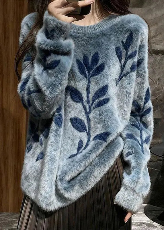 Jacquard Blue O-neck Cozy Mink Hair Knitted Sweater Spring