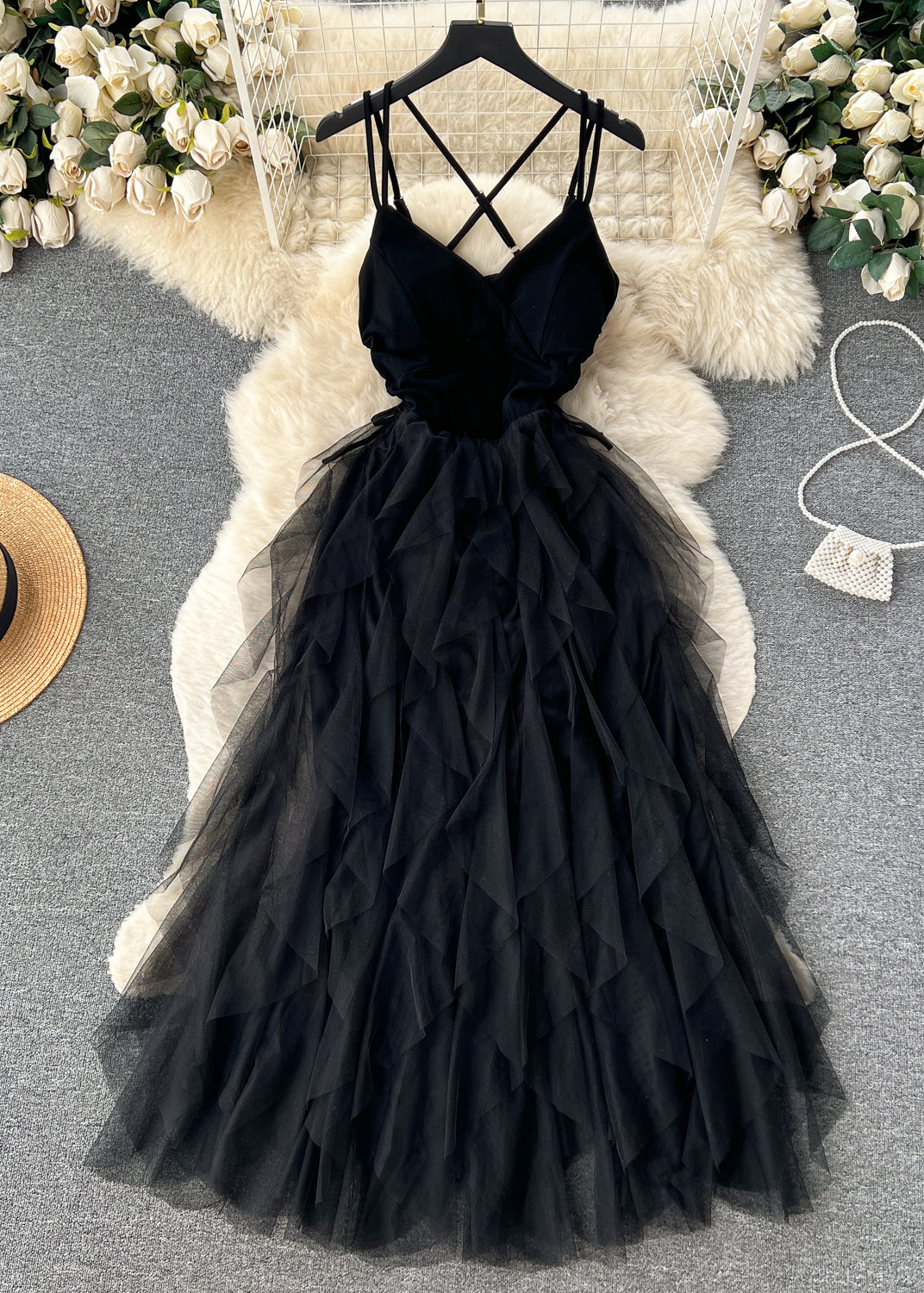 Apricot Cinched Patchwork Tulle Spaghetti Strap Dress Sleeveless