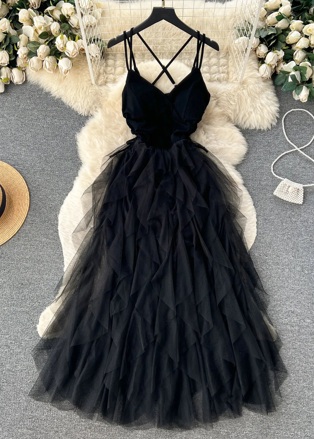 Apricot Cinched Patchwork Tulle Spaghetti Strap Dress Sleeveless