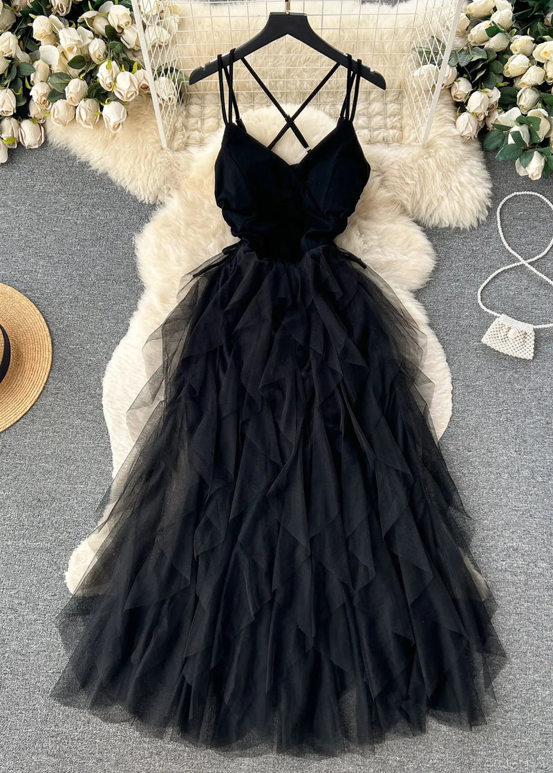 Apricot Cinched Patchwork Tulle Spaghetti Strap Dress Sleeveless