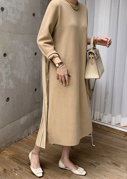 Yellow O Neck Wrinkled Patchwork Cotton Long Dress Winter