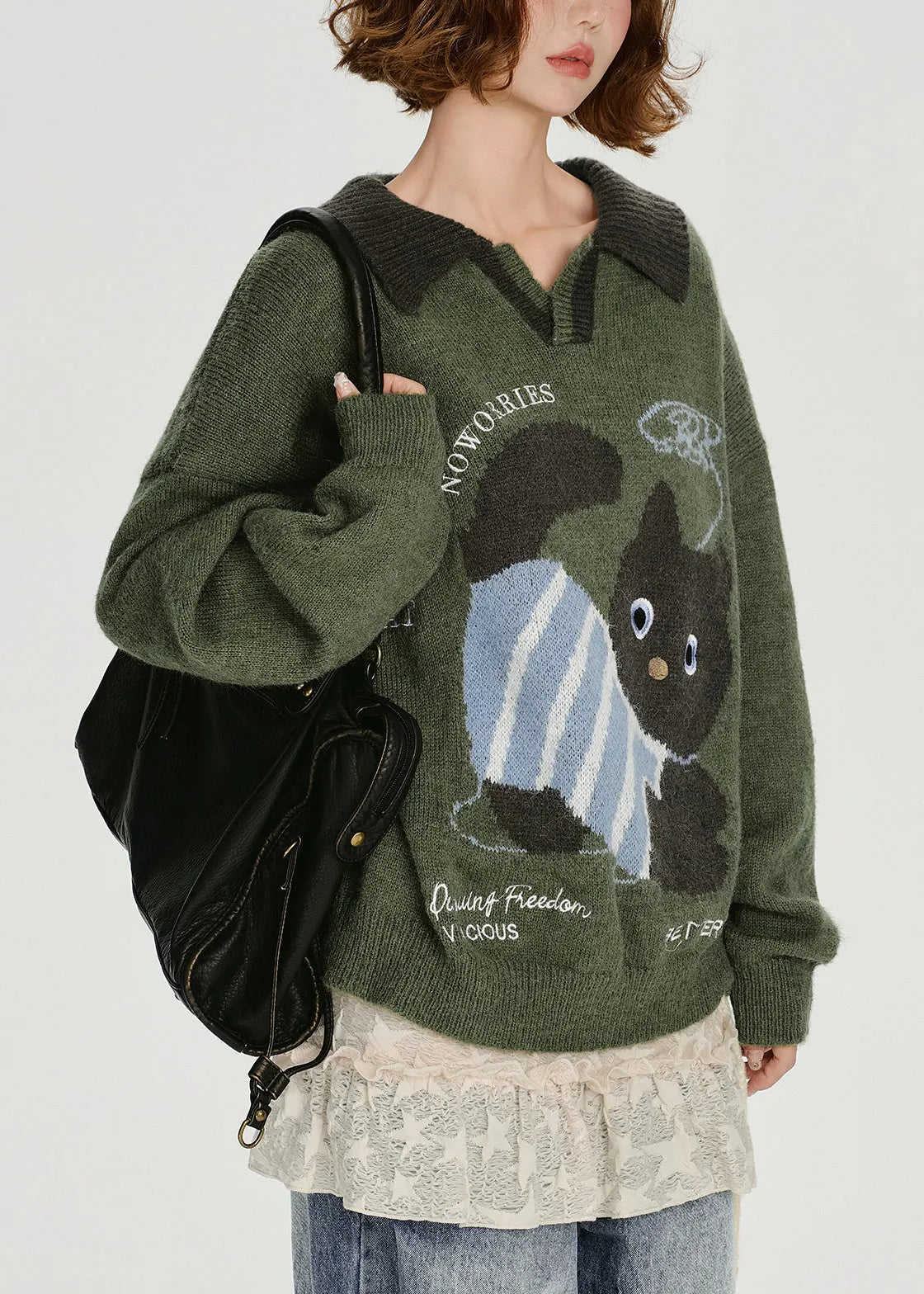 French Army Green Peter Pan Collar Dog Jacquard Knit Tops Winter