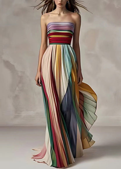 Striped Cold Shoulder Wrinkled Long Dress Sleeveless