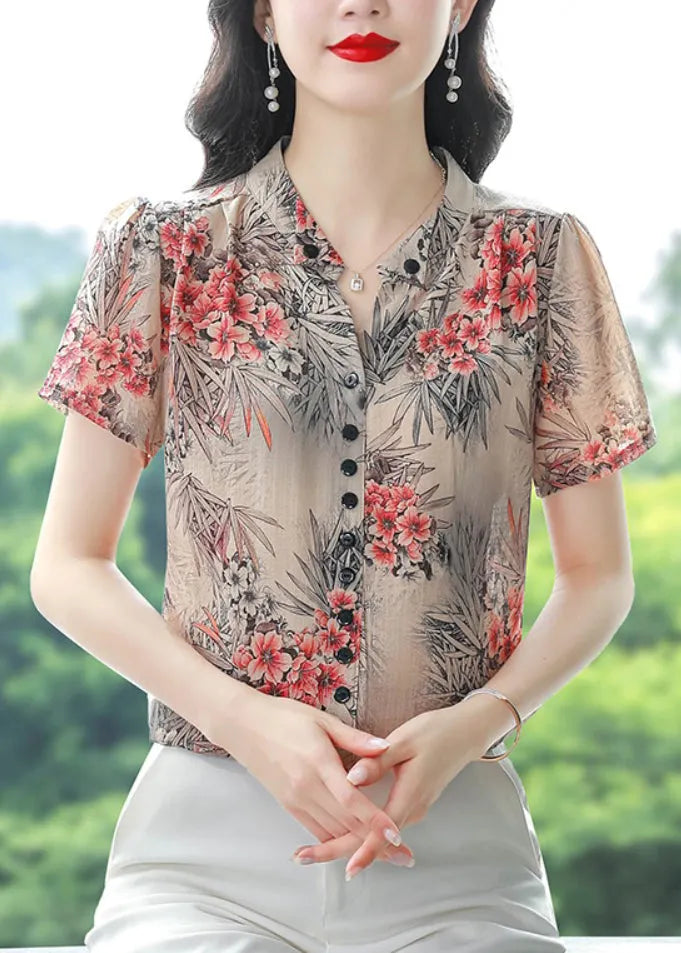 Red V Neck Print Chiffon Shirts Summer
