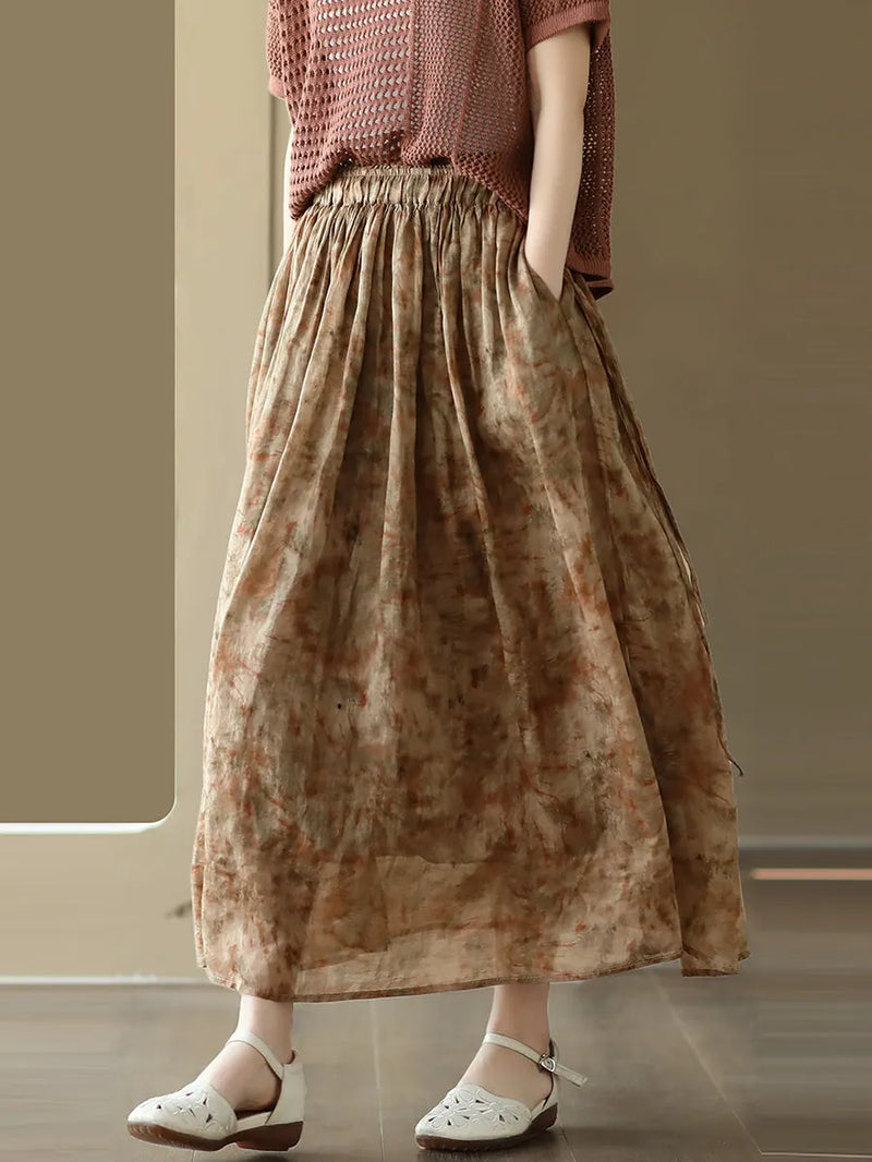 Summer Artsy Drawstring Loose Ramie Skirt