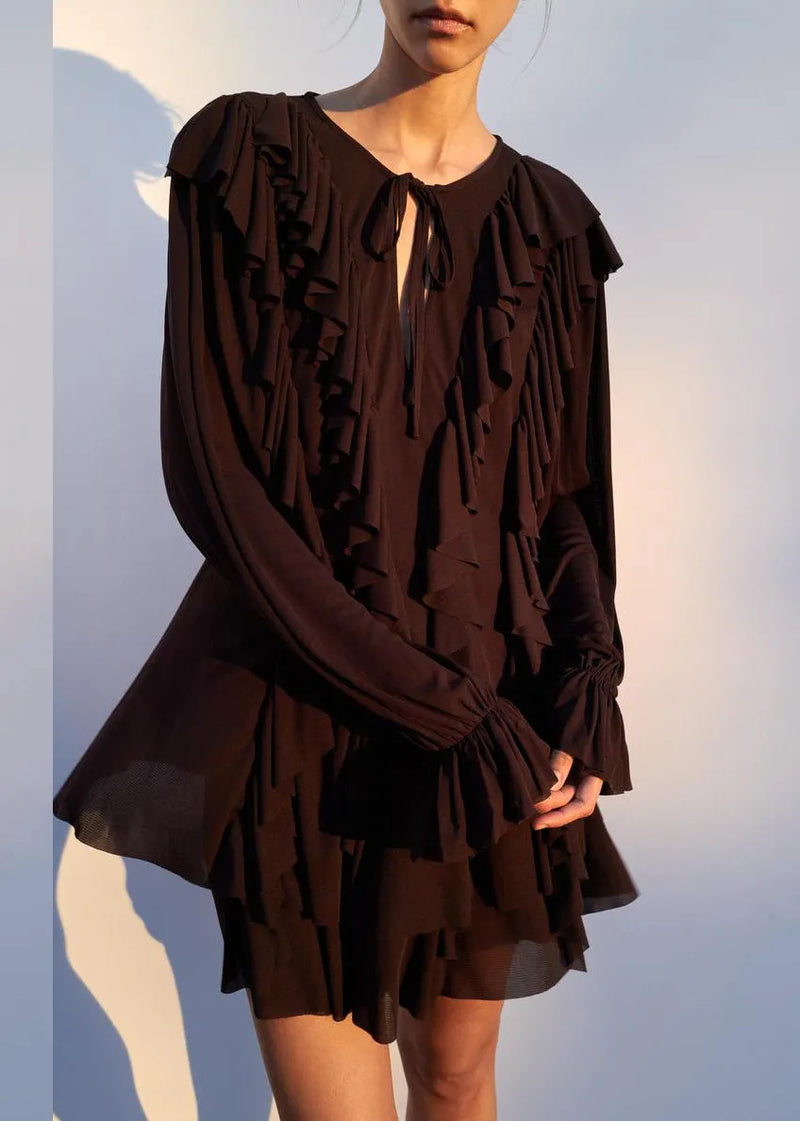 Chocolate Ruffled Lace Up Cotton Mini Dress Butterfly Sleeve