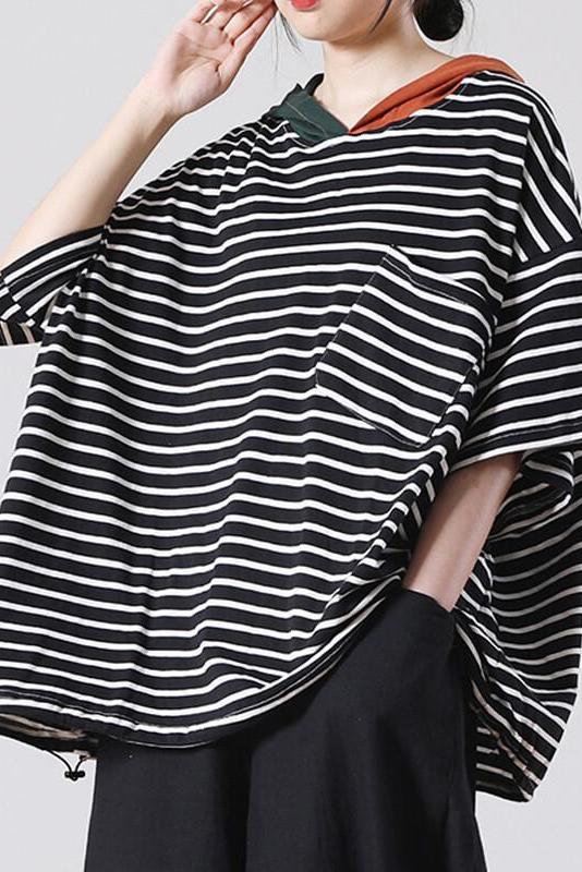 Color Patchwork Stripes Pocket Cinched Hooded T-shirt