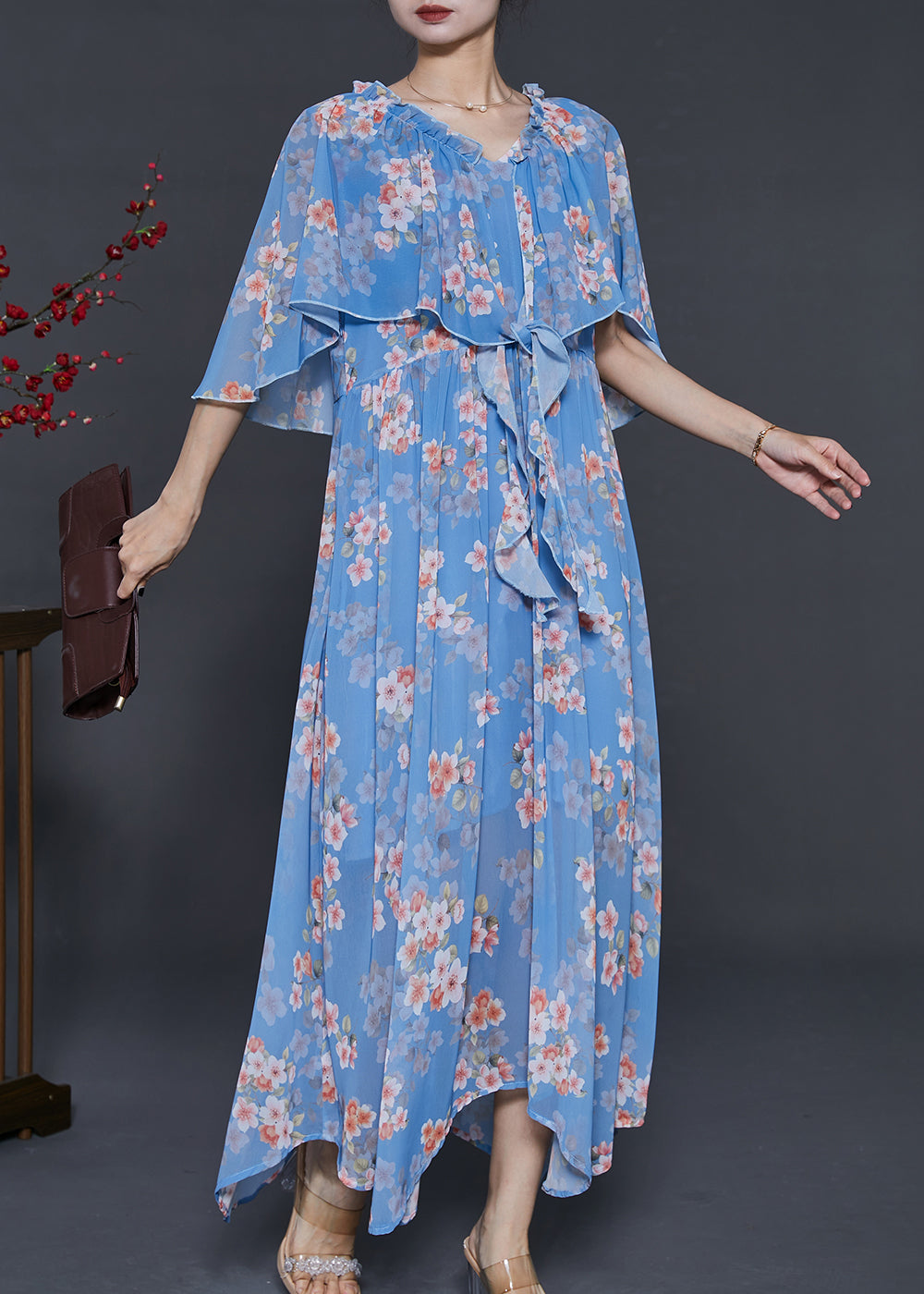 Diy Blue Ruffled Print Chiffon Vacation Dresses Cloak Sleeves