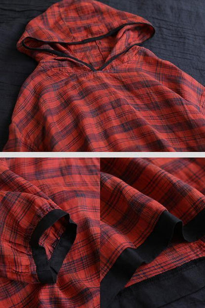 Cotton Plaid Hooded Color Patchwork T-shirt