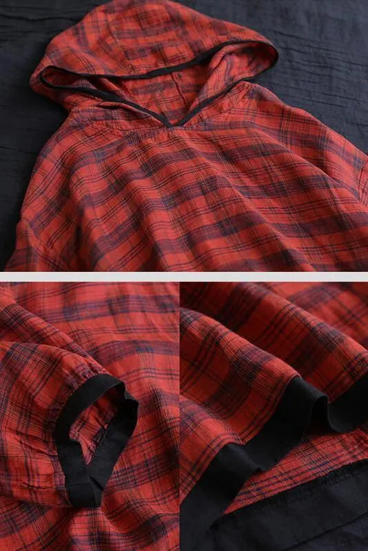 Cotton Plaid Hooded Color Patchwork T-shirt