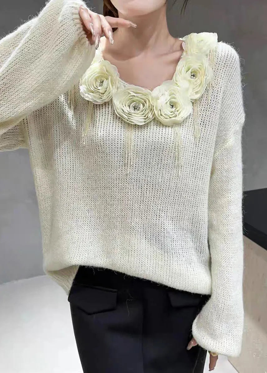Beige V Neck Nail Bead Cozy Knit Sweater