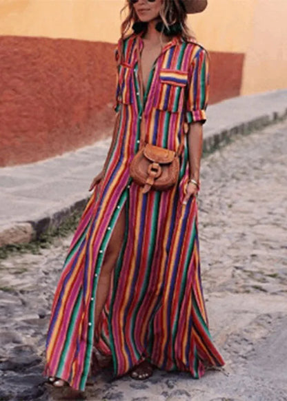 Rainbow Striped Button Tie Waist Maxi Shirts Dresses Summer