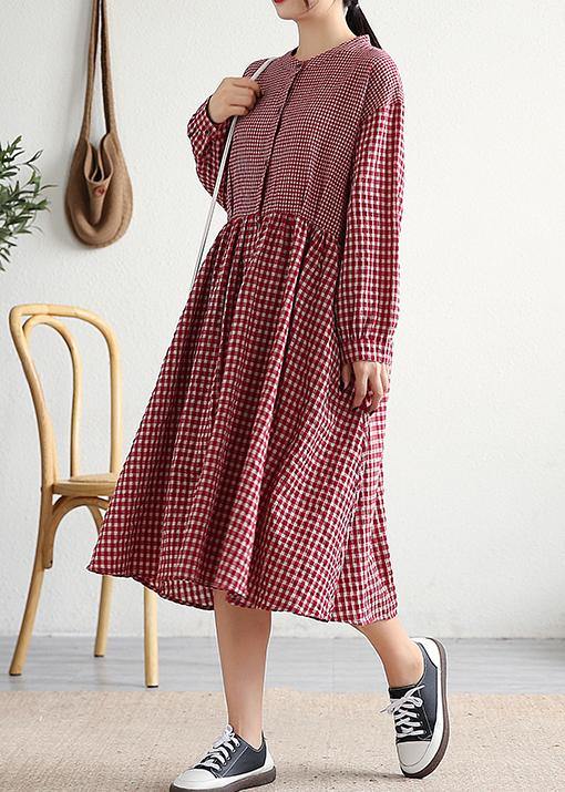 Red Plaid Cotton Linen Clothes O Neck Patchwork Cotton Dresses
