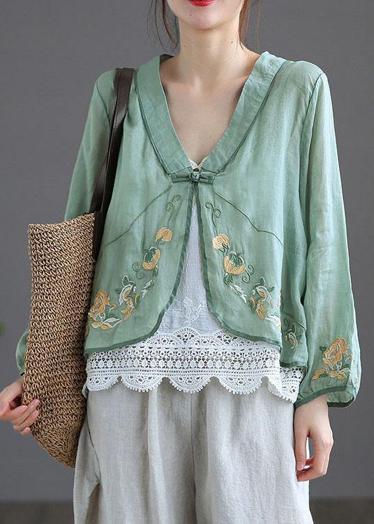 Green V Neck Embroidered Summer Ramie Cardigan Long Sleeve