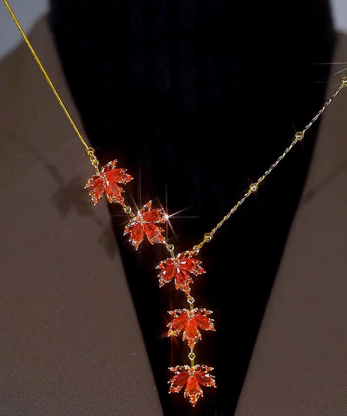 Red Sterling Silver Overgild Maple Leaf Pendant Necklace
