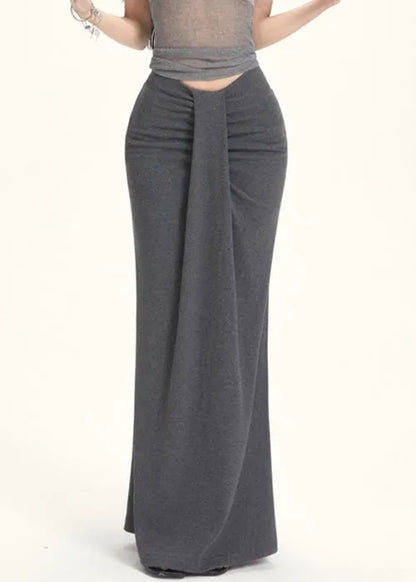 Slim Fit Grey Wrinkled High Waist Cotton Skirt Summer