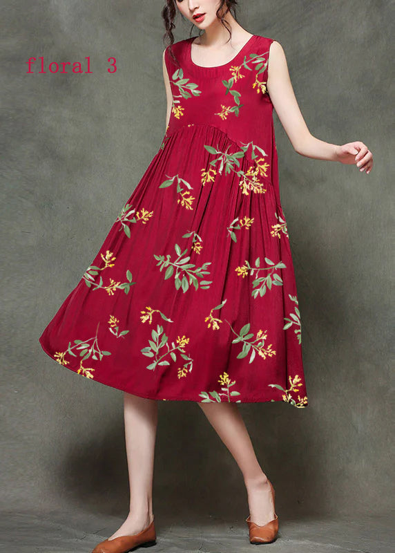 Wine Red- Patchwork1 O-neck Wrinkled Long Dresses Sleeveless